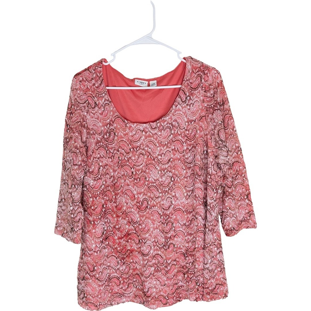 Cato Blouse Women 18/20W Pink Brown Paisley Lace‎ 3/4 Sleeve Scoop Neck Top